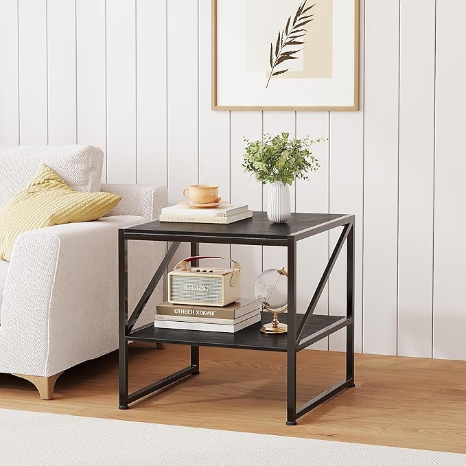 2-Tier Large Priner Stand with Storage Shelf, 20"×20" Under Desk Printer Table for Home Office, Mini Fridge Stand, End Table for Living Room, Heavy Duty Storage Rack for Scanner Fax Machine, Black