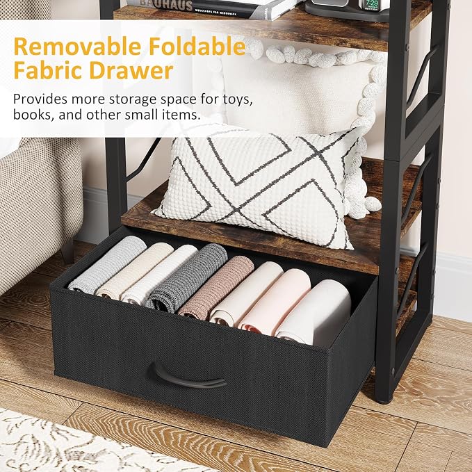 Hosfais Small Bookshelf with Drawer: 4-Tier Wood Book Shelf Industrial Narrow Bookcase Storage Organizer Metal Stackable Shelves for Desktop Bedroom Living Room Home Office (Rustic Brown)