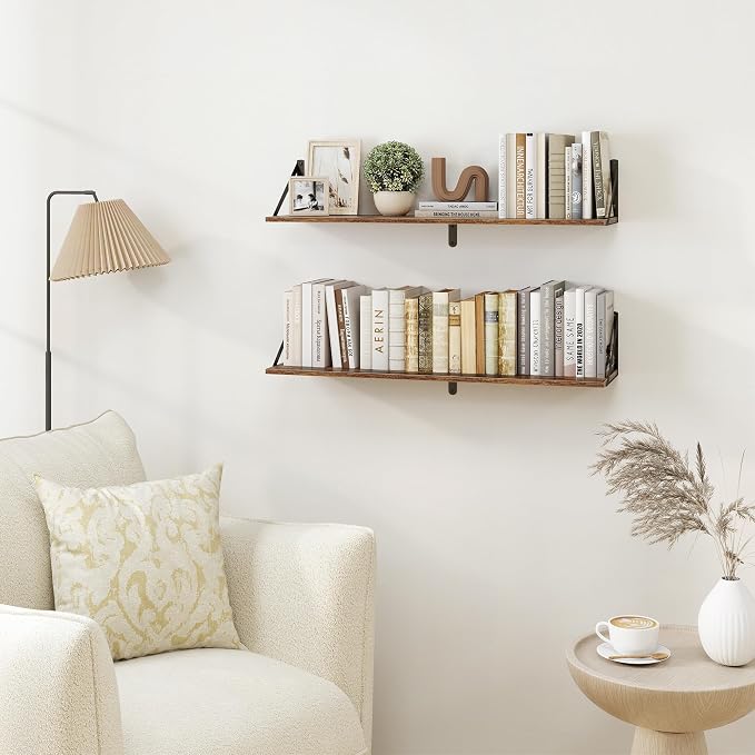 Heimlove Deep Floating Shelves for Wall, 32W x 8D Wood Wall Shelves Set of 2, Wide Floating Bookshelf for Living Room, Kitchen, Office, Bedroom and Decor Storage, with Metal Bracket - Rustic Brown