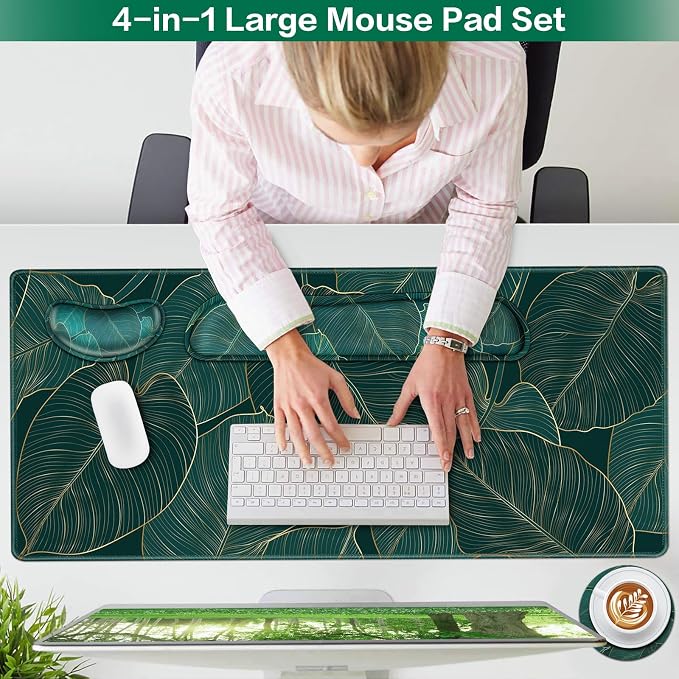 Desk Mat, Large Gaming Mouse Pad with Wrist Rest, 4in1 XXL Mousepad+Keyboard Wrist Rest+Mouse Pad Wrist Support+Cup Coaster Set Ergonomic for Computer Desk Accessories Decor Home Office Table Women