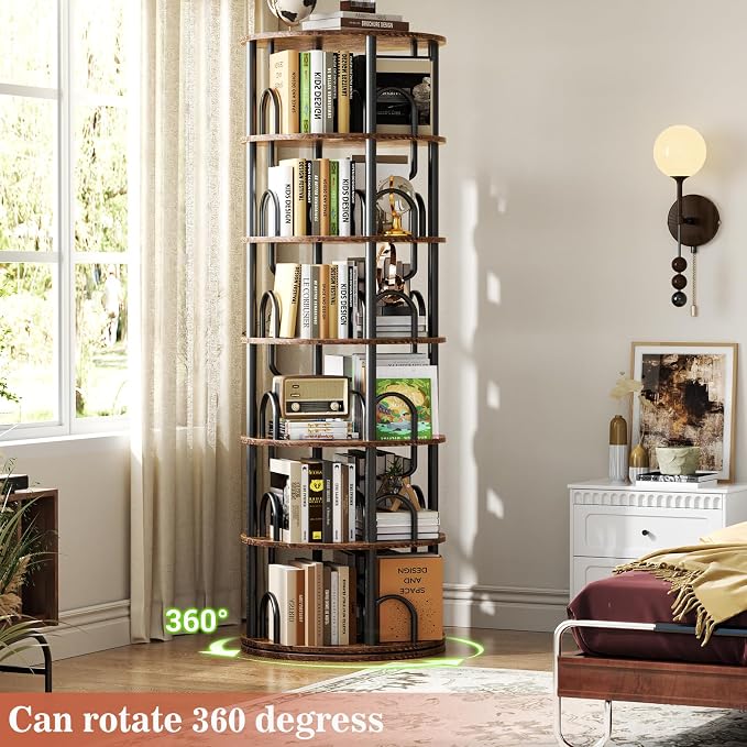 Aheaplus 6 Tier Rotating Bookshelf Tower, Revolving Bookcase, 360° Round Spinning Book Shelf, Narrow Swivel Bookshelves Vertical Turning Corner Bookshelf Organizer for Small Space, Rustic Brown