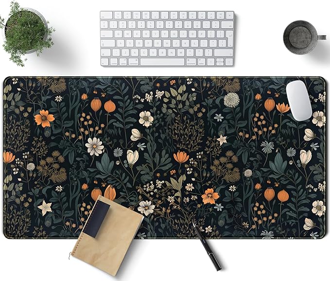 Cute Dark Floral Desk Mat Vintage Flowers Plant Mouse Pad XXL Large Extended Gaming Mousepad Women Office Decor Desk Pad, Big Laptop Computer Keyboard and Mouse Mat with Stitched Edges, 31.5x15.7 in