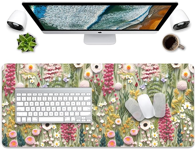 Embroidered Flower Wildflower Embroidery 3D Pattern Mouse Pad Desk Pad,Stitched Edges Non-Slip Waterproof Rubber Base Mous Mat for Office,Computer,Keyboard,Laptop and Home Desk Pad(27.5X11.8 in)