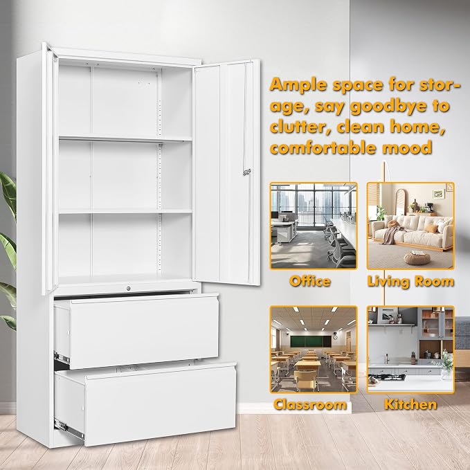 STANI 2 Drawer Lateral File Cabinet, Metal Storage with Drawers, Locking File Cabinet with Shelves, Metal Storage Cabinets for Letter/Legal/F4/A4 Size Files