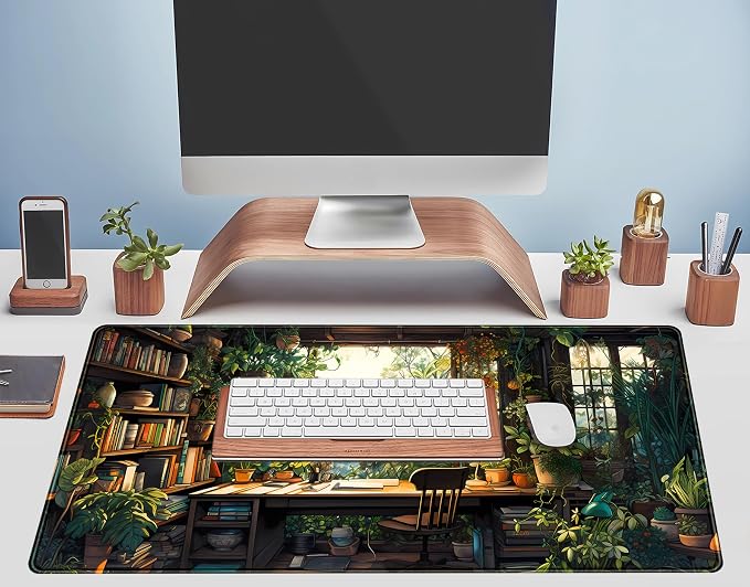 Green Plant Lovers Cute Desk Mat, Kawaii Desk Pad XXL Large Extended Lofi Mouse Pad Gaming Anime Mousepad, Big Laptop Computer Keyboard and Mouse Mat for Girl Women Office Desk Decor 31.5x15.7 in