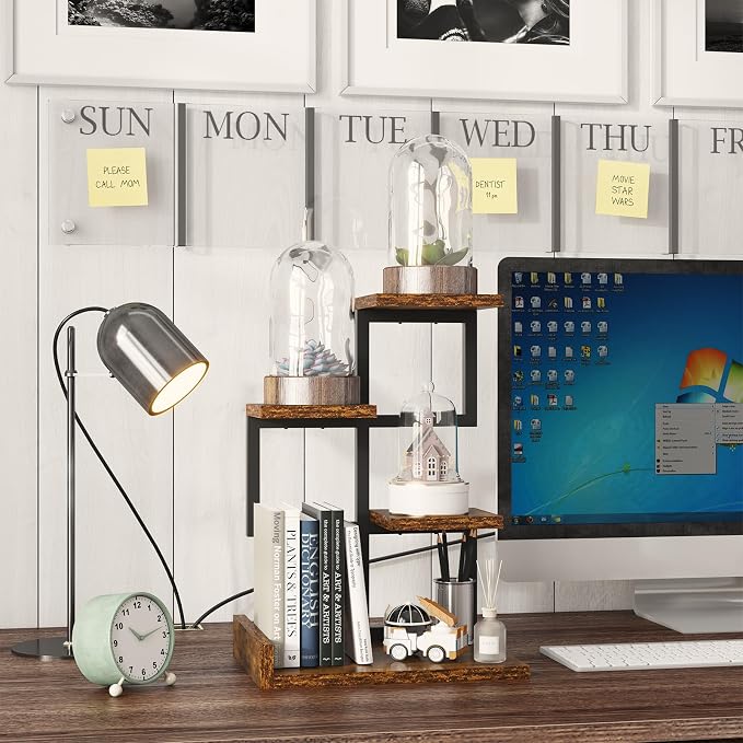 YMYNY Desktop Shelf Organizer, 4 Tier Storage Display Rack, Desk Shelf Organizer Small Bookshelf with Metal Frame for Office, Books, Plants, 12.2" x 9.45" x 17.52", Rustic Brown Black UHSR007H