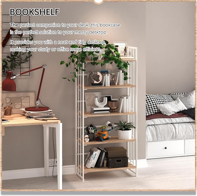 4NM No Assembly 5 Tiers Folding Bookshelf, 59.4" H Foldable Storage Shelves Vintage Bookcase Standing Racks Study Organizer Home Office - Natural White