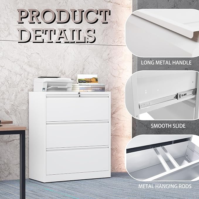 3 Drawer Lateral File Cabinet with Lock, Metal File Cabinet, Lateral File Cabinets for Home Office, Heavy Duty File Storage Cabinet for Legal/Letter/A4 Document, Assembly Required, White