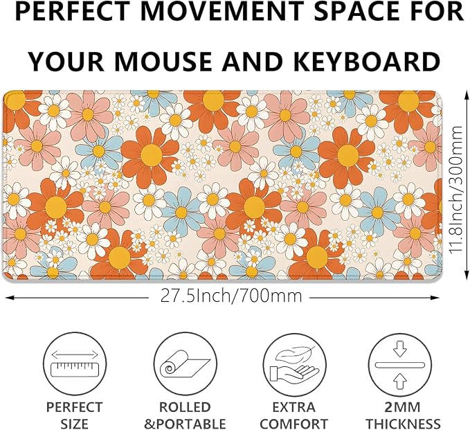 Vintage Floral Mouse Pad Daisy Desk Pad,Retro Flower Mouse Mat,Extended Gaming Mouse Mat,Stitched Edges Non-Slip Waterproof Rubber Base Mous Mat for Office Home Work Game Desk Pad(27.5X11.8 in)
