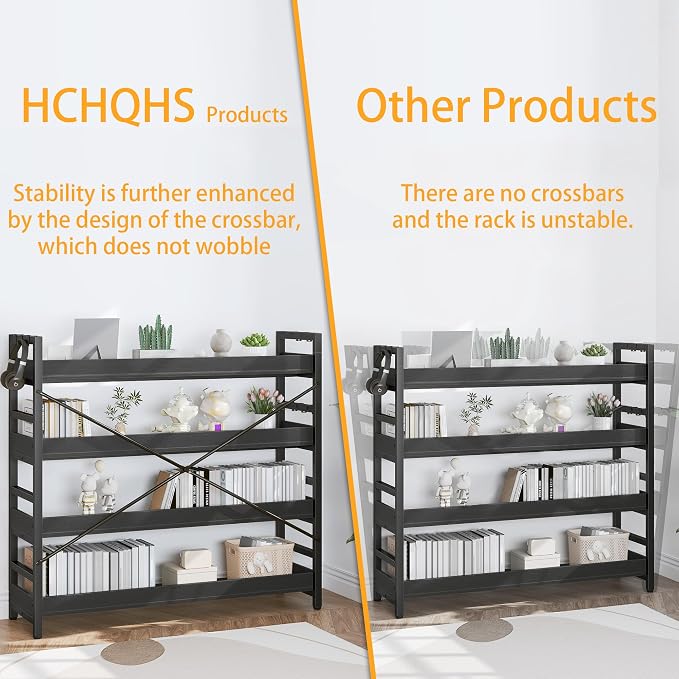 HCHQHS Bookshelf, Adjustable Industrial Bookcase, Vertical Tall Book Shelf, Wood and Black Metal Open Bookshelves for Home Office, Living Room, Bedroom (Black, 4-Tier (47" W x 44" H))