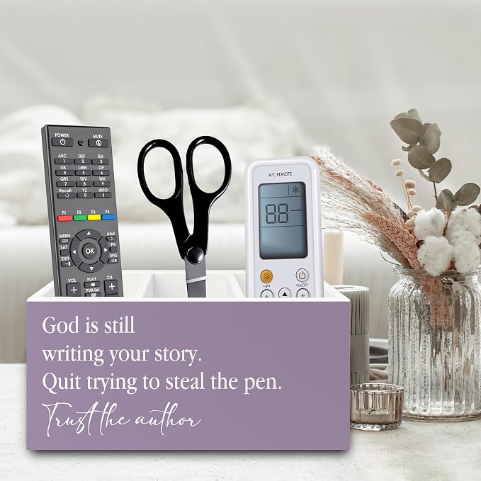 Purple Christian Pen Pencil Holder Organizer for Desk, Christian Gifts for Women, God Is Still Writing Your Story Bible Verse Wooden Box Sign for Home Office Desk Tabletop Decorations