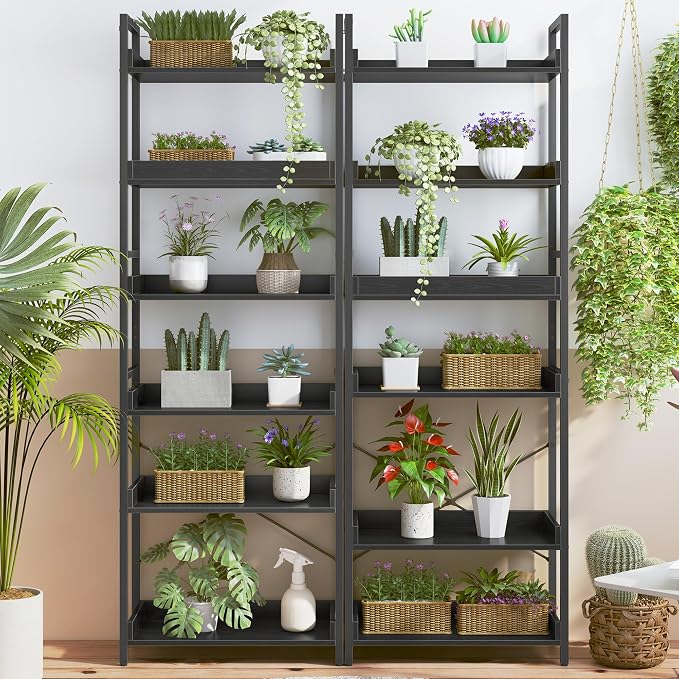 HCHQHS 6 Tier Bookshelf, Adjustable Industrial Bookcase, Vertical Tall Book Shelf, Wood and Black Metal Open Bookshelves for Home Office, Living Room, Bedroom, 70 Inch