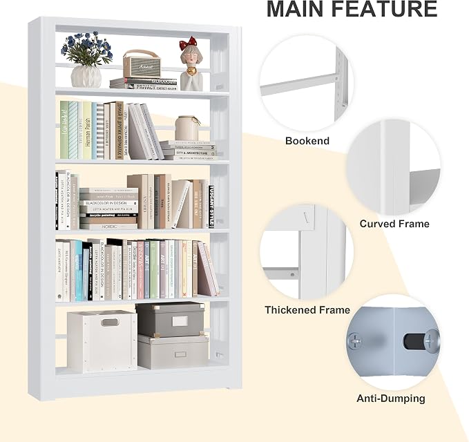 Metal White Bookshelf, 69" Tall Bookshelf with Adjustable Shelves, 5 Shelf Bookcase, Large Bookshelves and Bookcases, Book Shelf Organizer for Home Office, Library, Bedroom, Living Room