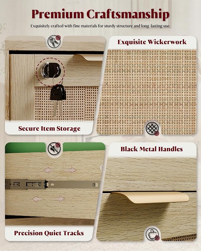 HOPUBUY 2 Drawer File Cabinet with Lock, Wood Rattan Lateral Filing Cabinet for Home Office, Printer Stand for Letter/Legal/A4/F4 Size, Adjustable Hanging Bars, Natural Wood