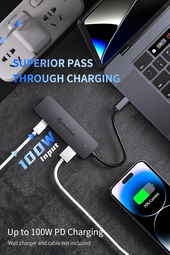 UtechSmart USB Hub, 4-Port USB 3.0 Hub, Ultra-Slim USB Adapter for Laptop, 5Gbps Fast Data Transfer, USB 3.0 Splitter for Dell, HP, MacBook (Grey)