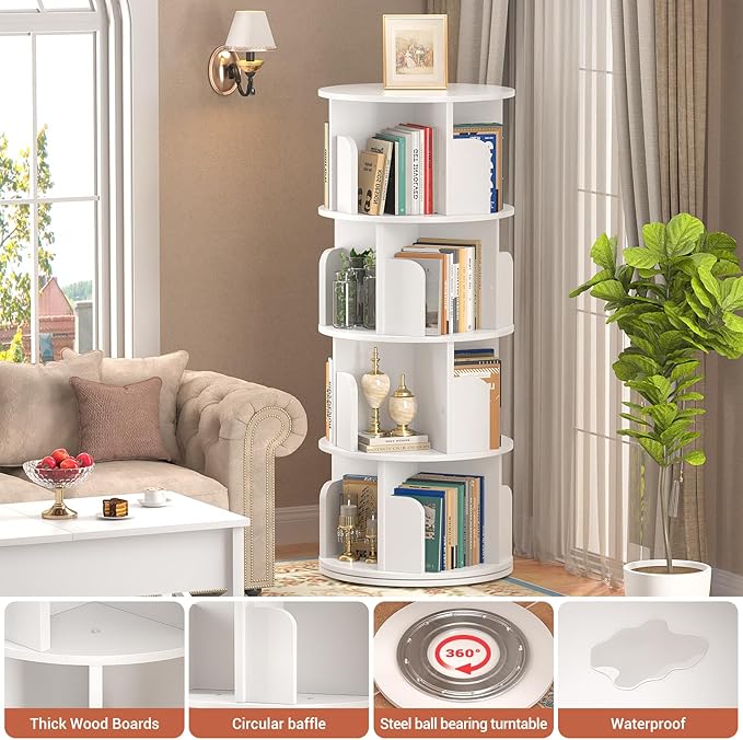 Besiost Rotating Bookshelf, Wood Corner Bookshelf, 360 Display Spinning Bookcase Storage Rack, 4 Tier Floor Standing Revolving Bookcase Narrow Book Shelf Organizer for Small Space, Bedroom, White