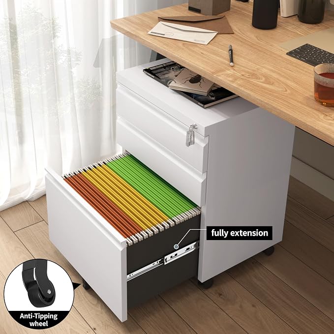 Approgreent Mobile File Cabinet for Home Office, Lockable 3 Drawer Filing Cabinet with Wheels for A4-Size/Letter-Size/Legal-Size, Fully Assembled Except Casters, White