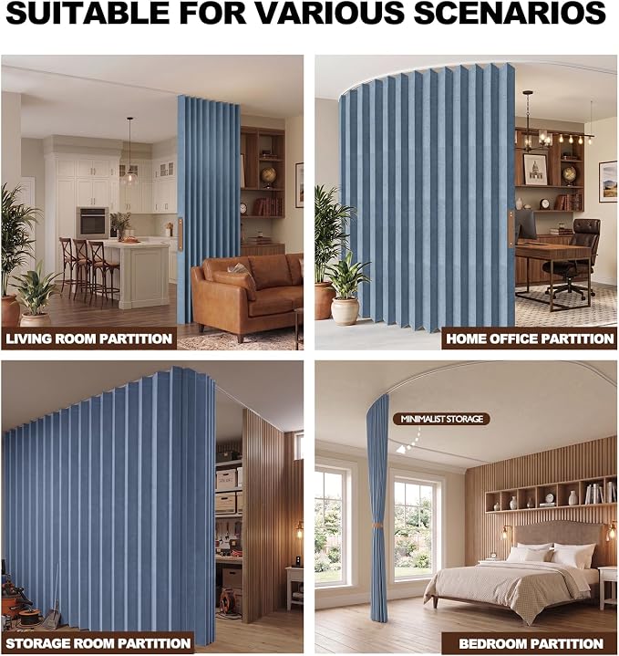 JILRON Accordion Partition Curtain with Ceiling Track - Space-Saving Room Divider, Tool-Free Installation(Blue 180" W x 108" L-Pack of 1)