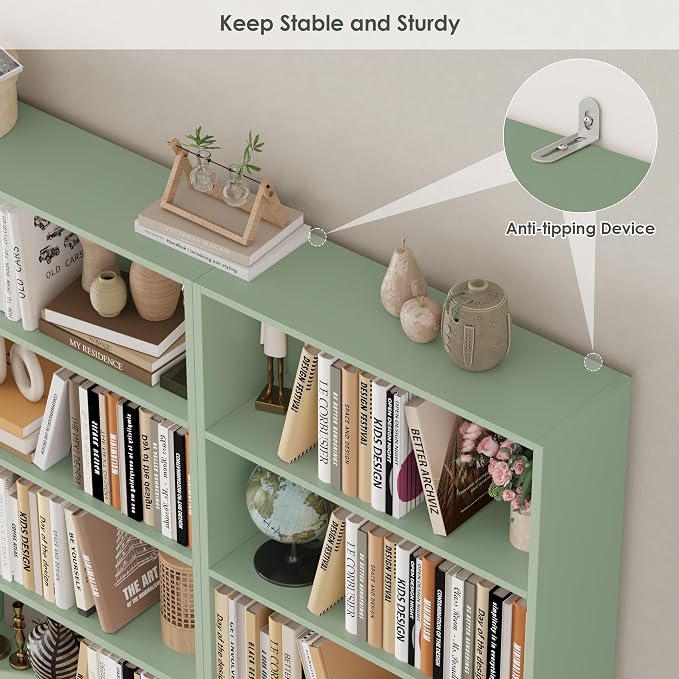 FOTOSOK 6-Tier Open Bookcase and Bookshelf, Freestanding Display Storage Shelves Tall Bookcase for Bedroom, Living Room and Office, Green