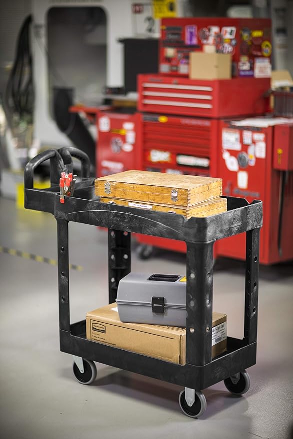 Rubbermaid Commercial Products 2-Shelf Utility/Service Cart, Small, Lipped Shelves, Ergonomic Handle, 500 lbs. Capacity, for Warehouse/Garage/Cleaning/Manufacturing