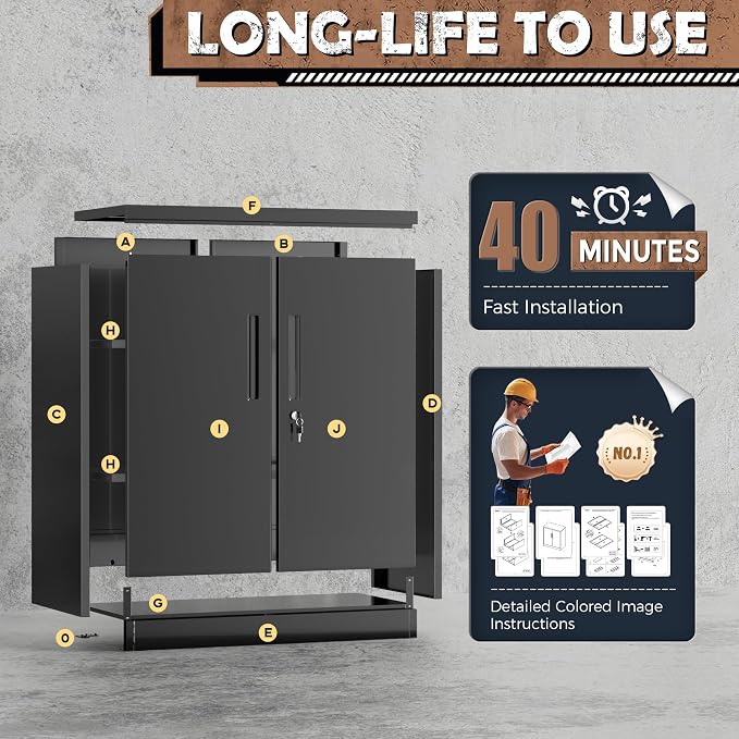 INTERGREAT Metal Garage Storage Cabinet, 36" Lockable Storage Cabinet with 2 Doors and 2 Adjustable Shelves, Steel Black File Cabinet Great for Home Office, Garage, Warehouse, Study Room