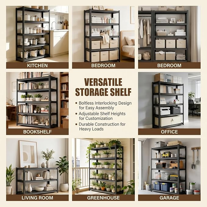 4 Tier Metal Bookshelf, Adjustable Tall Bookcase, Heavy Duty 2400 LBS Modern Deep Book Shelf, Bolt-Free Storage Shelves for Living Room, Home Office, Garage, 19.7" Wx 13.8" Dx 44.1" H