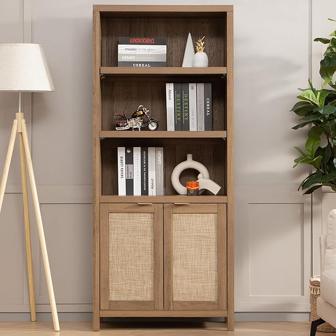 SICOTAS Bookcase 71" Tall Bookshelf 5 Tier Rattan Boho Bookcase with Doors Storage Large Book Case Shelf Farmhouse Bookshelves Library Book Shelves for Living Room Bedroom Home Office Kitchen