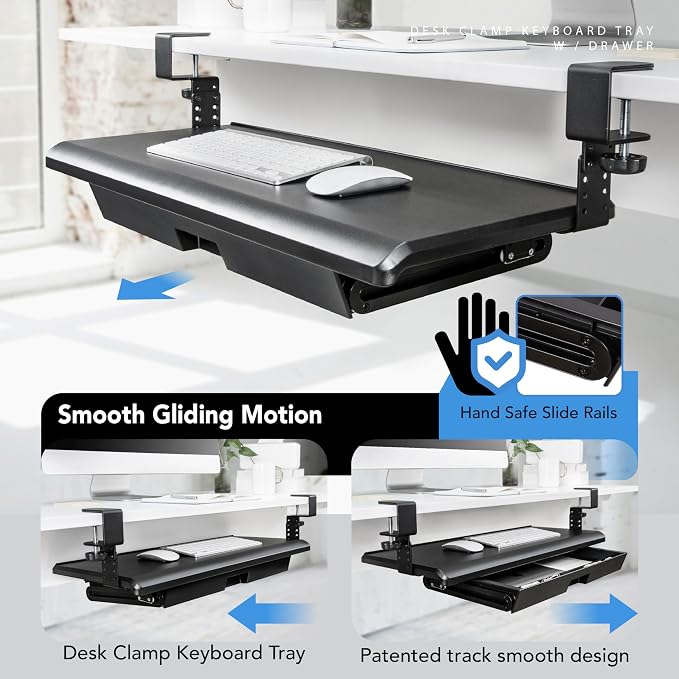 EHO Keyboard Tray with Drawer - Clamp On Under Desk Pull Out Extender Table Attachment Platform with Storage Organizer, Large 27.5" (31.8" Including Clamps) x 12.2", Height Adjustable for Home Office