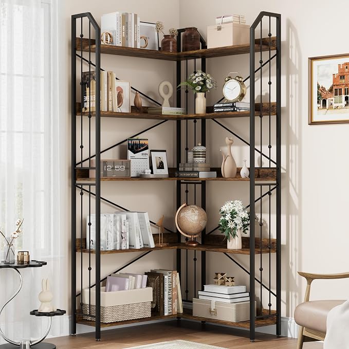 GarveeHome Corner Bookshelf 72" L Shaped Bookcase, Corner Bookshelves Industrial Bookcase 5 Tier L-Shape Bookshelf, Large Bookcases with Beaded Design Tall Display Rack Shelf for Living Room Bedroom