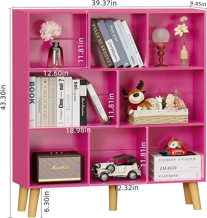 LEYAOYAO Bookshelf,3 Tier Book Shelf with Legs,Pink Modern Bookshelf,Large Freestanding Open Modern Bookshelves,Display Bookcases Decor Furniture for Nursery