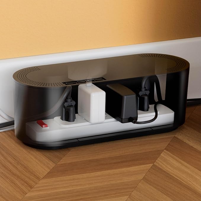 D-Line Cable Management Box, Power Strip Cover, Floor Outlet Hider, Desk Cord Organizer, Hide Extension Leads, 12.75" (L) x 5" (W) x 4.5" (H), for use with Power Strips up to 10.5in (L) - Small, Black
