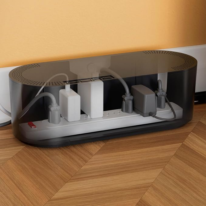D-Line Cable Management Box, Power Strip Holder, Floor Outlet Hiders, Desk Cord Organizer, Cover TV Wires, Wire Storage, Extension Hider, Office Concealer for Cords, Baby Proof Cables - Large, Black