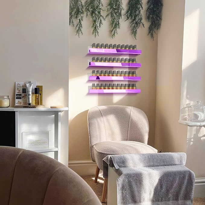 4 Pack 15 Inch Purple Reflective Acrylic Shelves, Purple Floating Shelves, Modern Sunglasses Essential Oil Picture Ledge Display Toy Storage Shelf