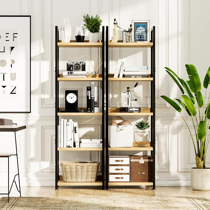 NUMENN Narrow Bookshelf, 5 Tier Bookshelves, Home Office Bookcase Shelf Storage Organizer, Free Standing Storage Shelving Unit for Bedroom, Living Room and Home Office, Natural