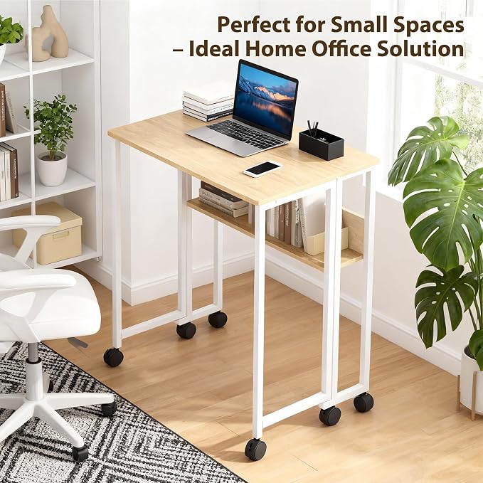 Folding Desk with Storage Shelf, 31.5 Inch Foldable Computer Table with Wheels for Small Spaces,Space Saving Sofa Table for Couch, Rolling Writing Work Office Computer Desk, Easy to Fold,Oak