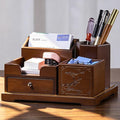 Bamboo Desk Organizer with Drawer, Pen Holder & Business Card Slot, Multi-Compartment Desktop Storage Caddy, Wood Desk Accessories for Office & Home Office, Dark Brown Finish