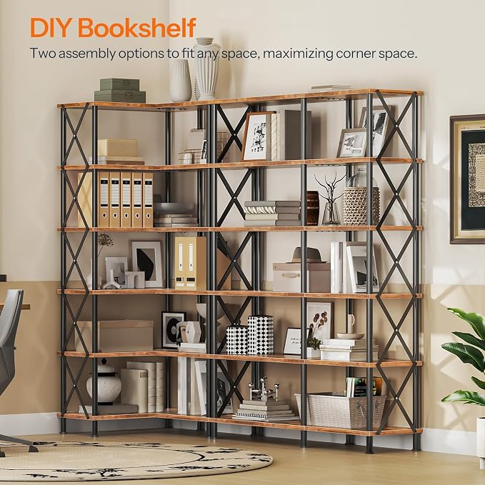 HOOBRO Corner Bookshelf, 6-Tier L-Shaped Bookcase, Industrial Open Display Shelf Tall Storage Organizer, Vertical Storage Rack, for Living Room, Home Office, Rustic Brown and Black BF61SJ01