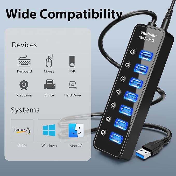 vantisan USB Hub 3.0 Powered, 7 Ports USB Data Hub Splitter with One Smart Charging Port and 5V/4A Powered Adapter and ON/Off Switches for MacBook, Mac Pro/Mini, iMac, Surface Pro Laptop/PC