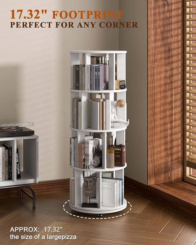 4-Tier Solid Wood Rotating Bookshelf on Wheels, 360° Spinning Book Shelf Tower, Round Revolving Bookcase Organizer, Rolling Bookshelves for Small Spaces, Corner, Bedroom, Kids Room, Office, White