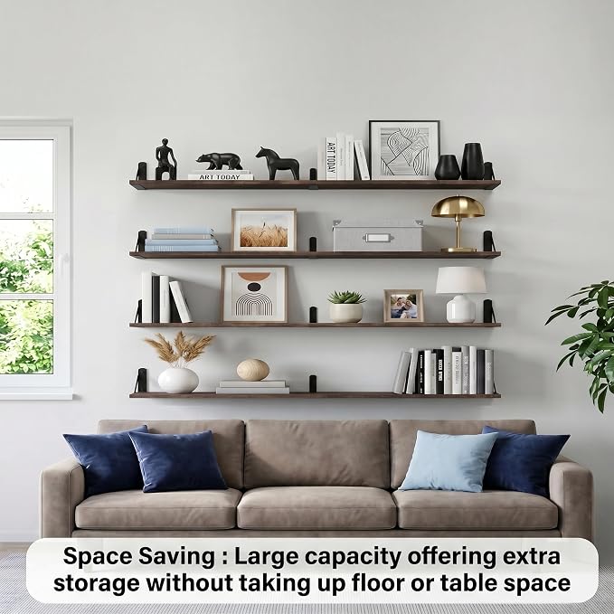 Long Wall Shelf,Large Floating Shelves for Wall,Wood Floating Bookshelves Hanging,Book Storage Display for Living Room Bedroom Office Bathroom Decor,4 Pack,47 Inch,Dark Brown