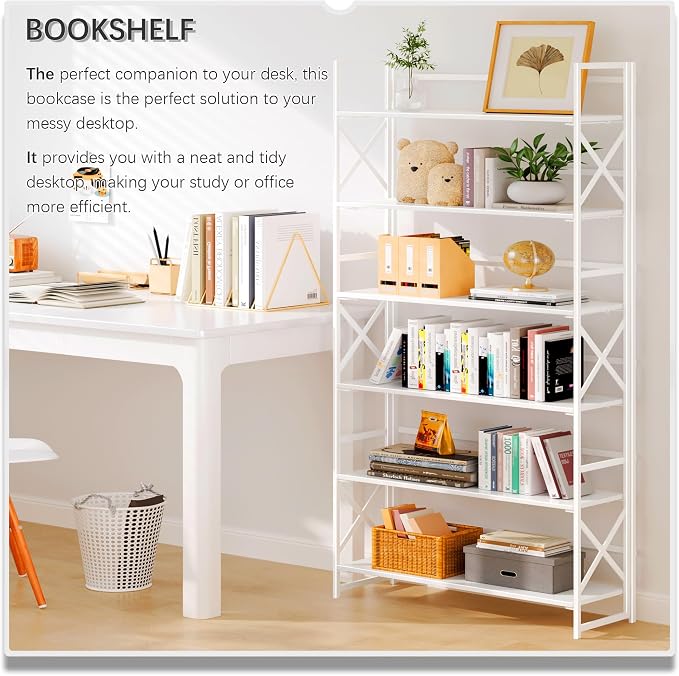 4NM Extra Wide 6 Tiers No Assembly Book Shelves, 61.8" H Folding Bookshelf Bookcase Open Industrial Foldable Shelves for Bedroom, Living Room, Home Office - All White