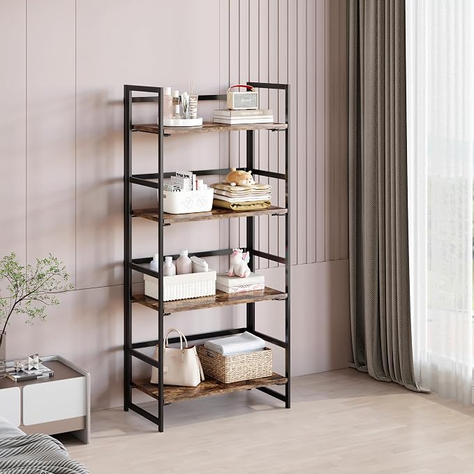BHG Vintage Multifunctional Folding Bookshelf, No-Assembly Plant Stand Storage Rack Shelves for Home Office (Fire, 4-Tier)