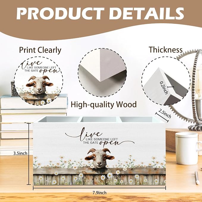 DILSJ Goat Inspirational Pen Pencil Holder Organizer for Desk, Gifts for Goat Lovers Women, Live Like Someone Left the Gate Open Wooden Box Signs for Home Office Desk Tabletop Decoration