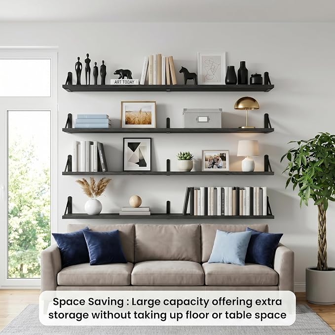 Long Wall Shelf,Large Floating Shelves for Wall,Wood Floating Bookshelves Hanging,Book Storage Display for Living Room Bedroom Office Bathroom Decor,4 Pack,57 Inch,Rustic Black