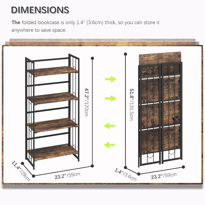 4NM No Assembly 4 Tiers Folding Bookshelf, 47.2" H Foldable Storage Shelves Vintage Bookcase Standing Racks Study Organizer Home Office - Rustic Brown Black