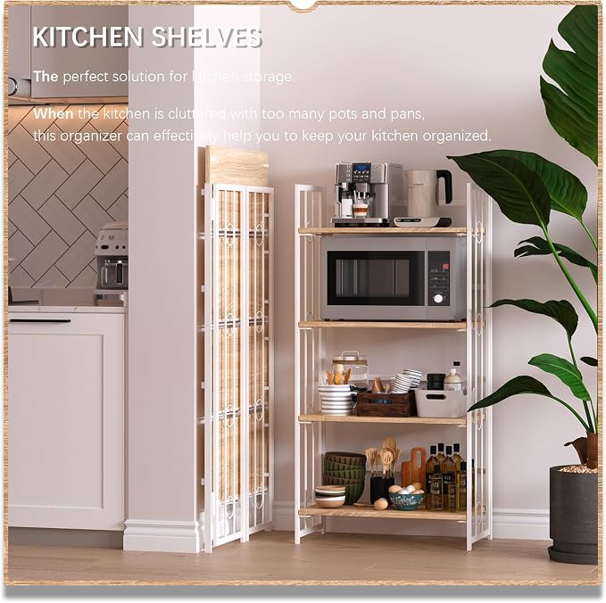 4NM No Assembly 4 Tiers Folding Bookshelf, 47.2" H Foldable Storage Shelves Vintage Bookcase Standing Racks Study Organizer Home Office - Natural White