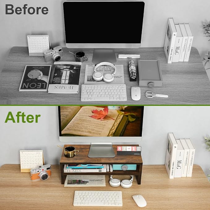 TEAMIX 2 Tier Wooden Monitor Riser Stand, Desktop Stand with storage for Laptop/PC/Printer/Keyboard, TV Stand Shelf Home Office Desk Accessories