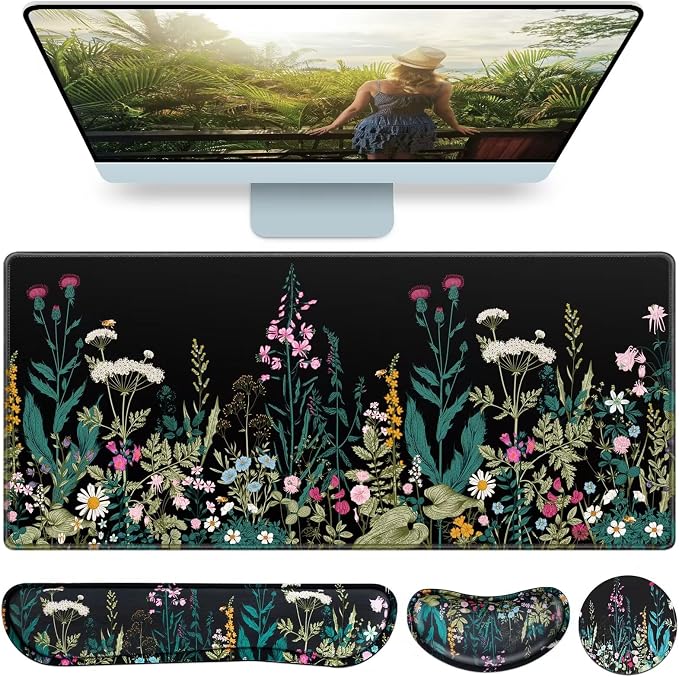 Desk Mat, Large Gaming Mouse Pad with Wrist Rest, 4in1 XXL Mousepad+Keyboard Wrist Rest+Mouse Pad Wrist Support+Cup Coaster Set Ergonomic Floral Computer Desk Arm Wrist for Decor Home Office Women