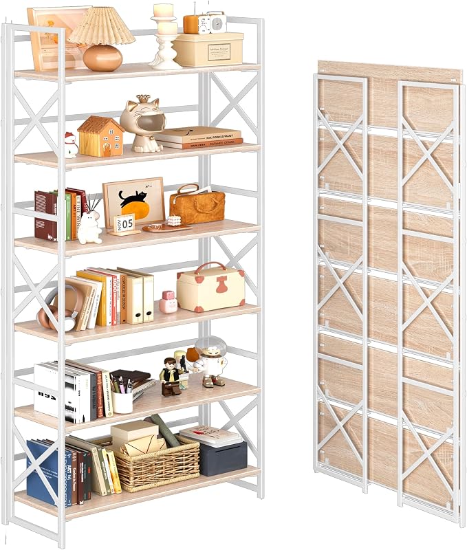 4NM Extra Wide 6 Tiers No Assembly Book Shelves, 61.8" H Folding Bookshelf Bookcase Open Industrial Foldable Shelves for Bedroom, Living Room, Home Office - Natural White