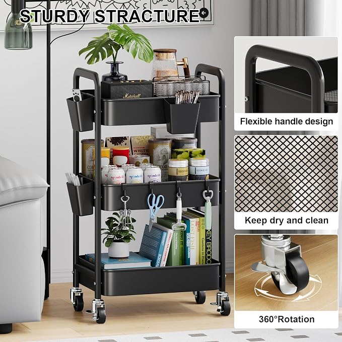 3 Tier Rolling Cart with Lockable Wheels, Metal Diaper Caddy Cart Organizer for Baby Essentials, Black Storage Utility Cart for Craft, Snack, Rolling Carts with Wheels for Lash Techs, Art, Bathroom